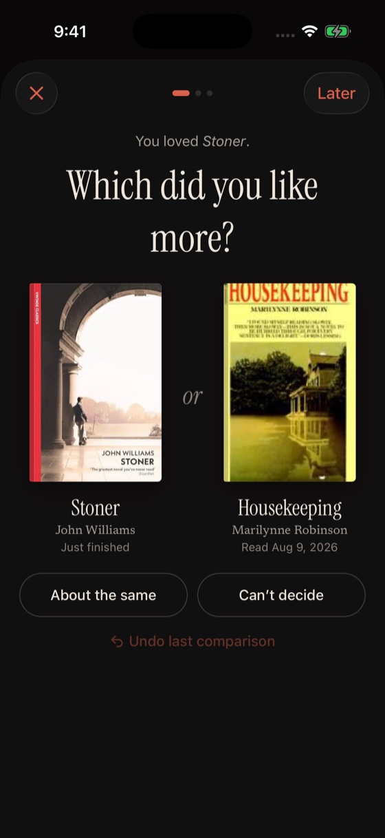 Two books side by side, asking which you liked more