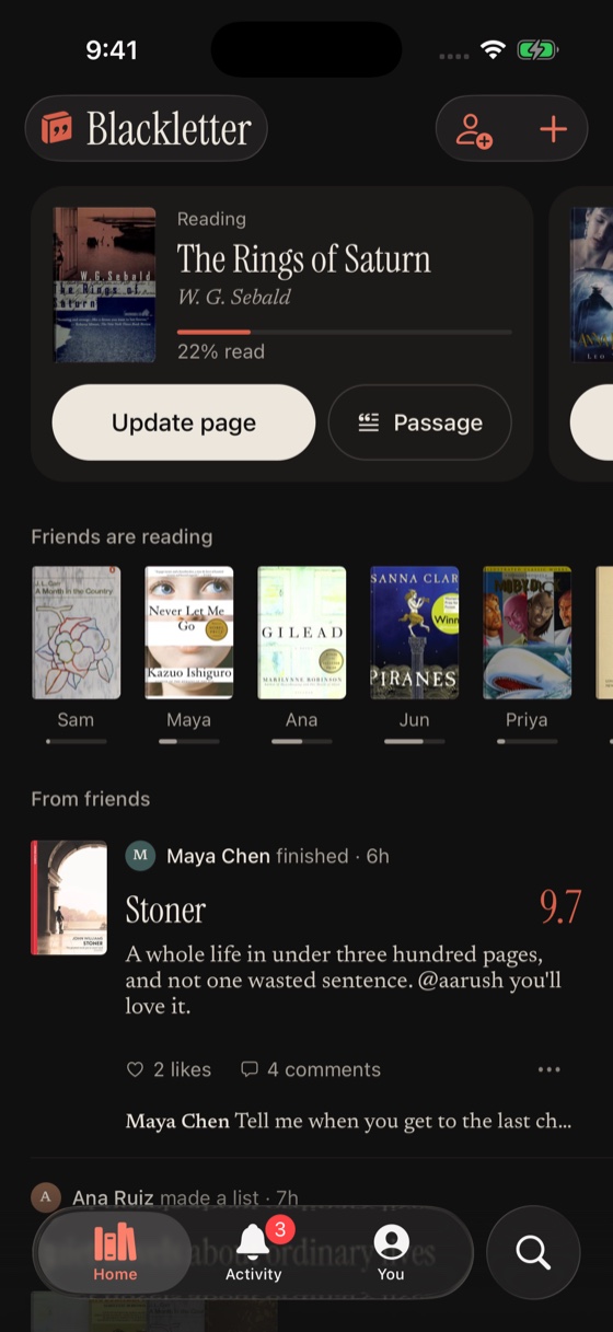 Blackletter Home with your current reads and friends’ books
